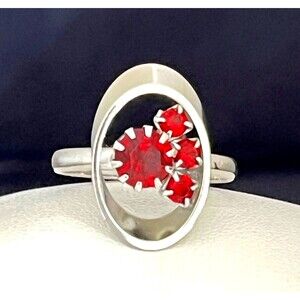 Vintage 1960s Cocktail Ring Mid Century Modern Silver Tone Red Rhinestones - 4K